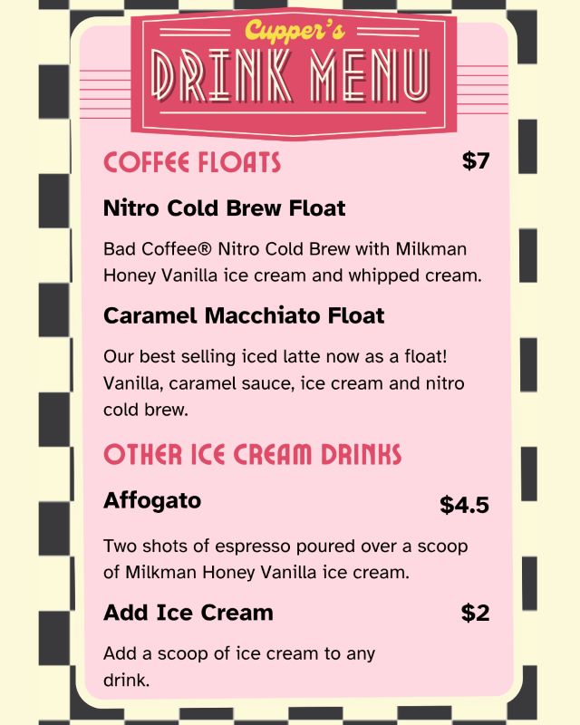 Cupper's Drink Menu with Coffee floats