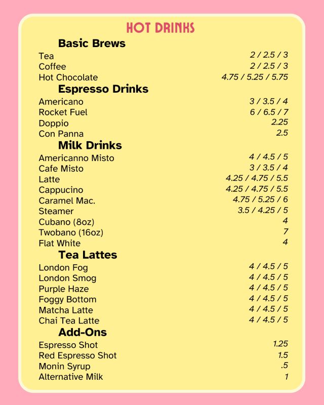 Cupper's Drink Menu with Hot drinks