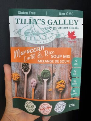 a bag of Moroccan Lentil & Rice Soup Mix by Tilly's Galley
