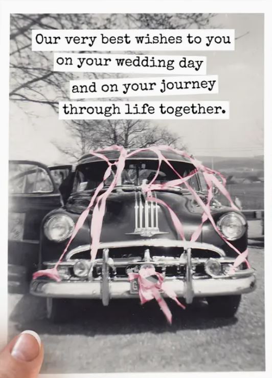 Raven's Rest Studio Card - Best wishes on your wedding. Old car decorated with bunting and ribbons