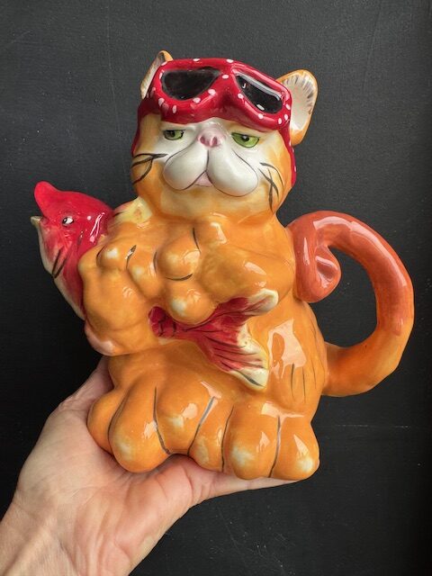 Blue Sky Clayworks orange cat and fish Teapot