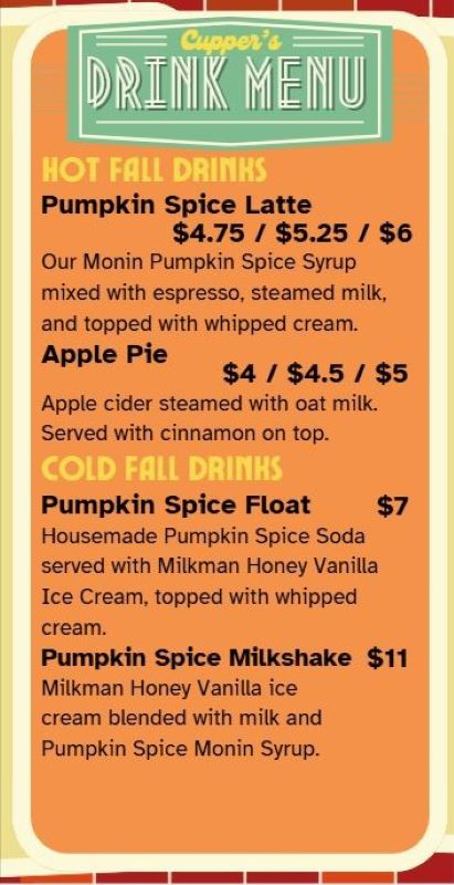 Cupper's Fall Menu with Fall drink specials