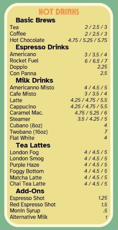 Cupper's Fall Menu with Fall drink specials featuring hot drinks