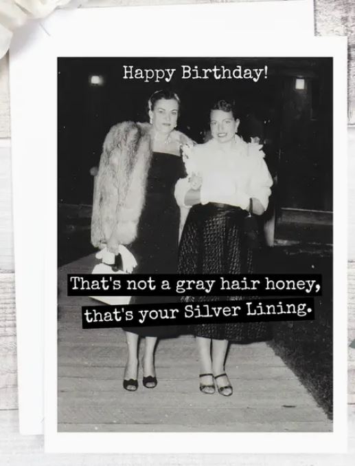 Raven's Rest Studio Greeting Card - "Happy birthday! That's not a gray hair honey, that's your silver lining." Two vintage ladies wearing furs waling down a sidewalk.