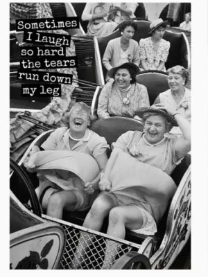 Raven's Rest Studio Greeting Card - "Sometimes I laugh so hard the tears run down my leg." 1950's women on a roller coaster, the front two have skirts blown up and are laughing.
