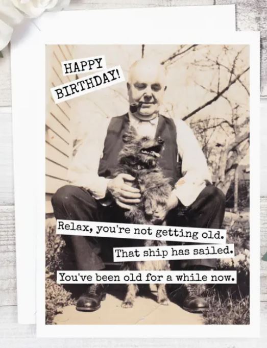 Raven's Rest Studio Greeting Card - "Happy birthday! Relax, you're not getting old. That ship has sailed. You've been old for a while now." Older man with a pipe, sitting on step and holding a small dog.