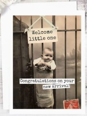 Raven's Rest Studio Greeting Card - "Welcome little one. Congratulations on your new arrival!" Baby in a carrier hanging on a wrought iron fence.
