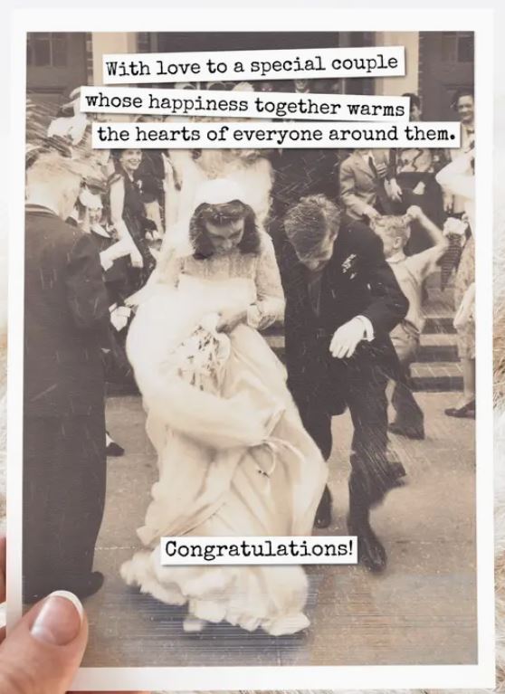 Raven's Rest Studio Greeting Card - "With love to a special couple whose happiness together warms the hearts of everyone around them. Congratulations." Wedding card with bride and groom ducking as rice is thrown at them.