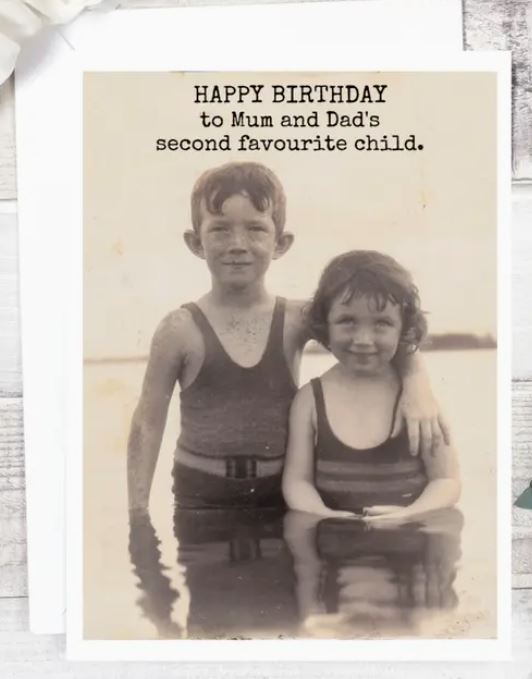 Raven's Rest Studio Card - Happy birthday to Mum and Dad's second favourite child - features two children in the water, older boy with arm about the younger girl, both in vintage swimsuits
