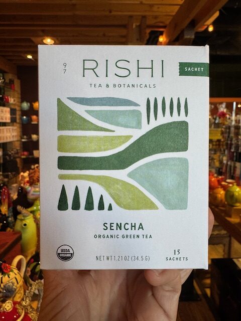 a box of Rishi Sencha Green Tea, bags