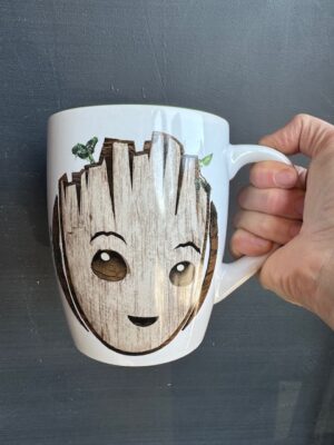 Large white mug with Marvel's Guardian of the Galaxy Groot, front side has Groot's child image
