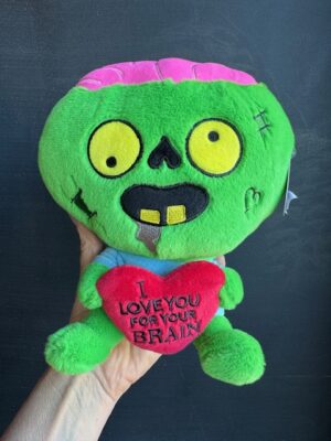 Punchkins stuffie green zombie holding a red heart - I love you for your brain