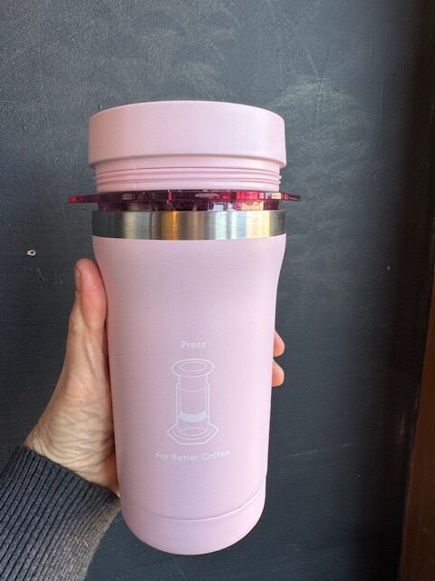 Aeropress Go Plus in pink, out of the box but all stacked