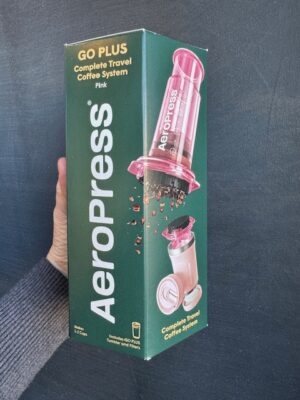 Aeropress Go Plus in pink in the box