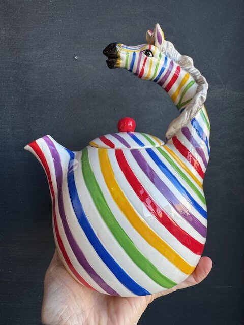 Blue Sky clayworks rainbow striped zebra teapot