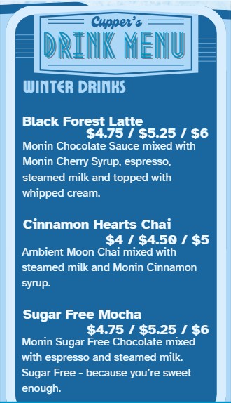 Cupper's Winter 2026 Drink Menu page 4 Drink specials