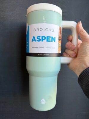 Grosche Aspen 40 oz travel mug in sea foam green with cream lid and handle, includes straws