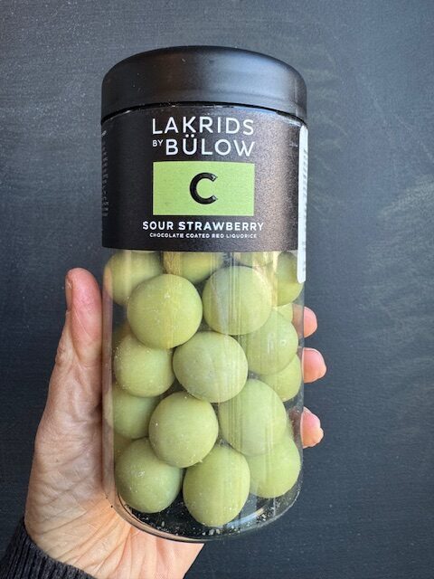 Lakrids sour strawberry chocolate coated red licorice liquorice