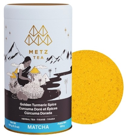 Metz Golden Turmeric Spice Herbal Tea Matcha Powder showing a sample of the powder