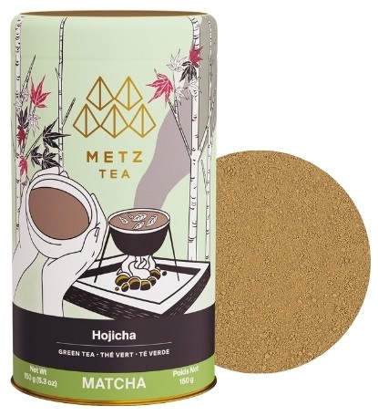 Metz Hojicha Green Tea Matcha Powder showing a sample of the powder