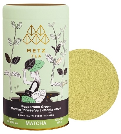Metz Peppermint Green Tea Matcha Powder showing a sample of the powder