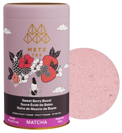 Metz Sweet Berry Boost Herbal Tea Matcha Powder showing a sample of the powder