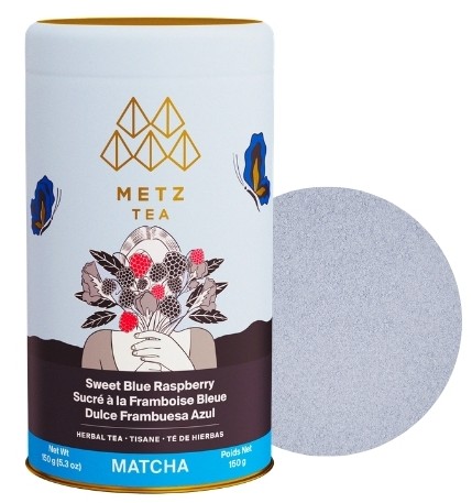Metz Sweet Blue Raspberry Herbal Tea Matcha Powder showing a sample of the powder