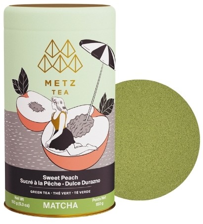 Metz Sweet Peach Green Tea Matcha Powder showing a sample of the powder