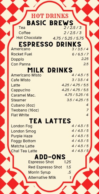 Shaved Ice menu at Cupper's, page six featuring hot drinks