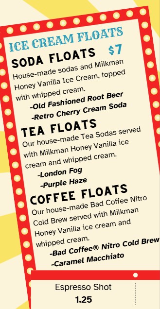 Shaved Ice menu at Cupper's, page two featuring ice cream floats