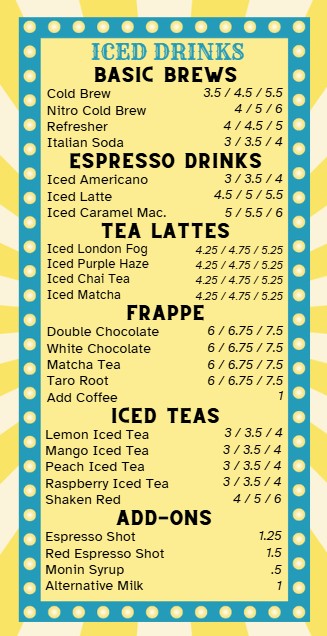 Shaved Ice menu at Cupper's, page five featuring iced drinks