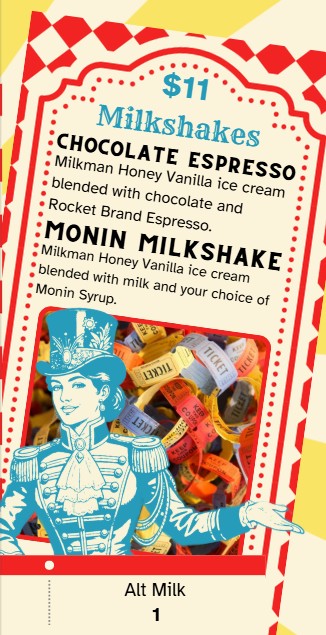 Shaved Ice menu at Cupper's, page four featuring milk shakes