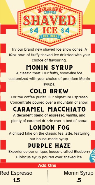 Shaved Ice menu at Cupper's, page six featuring shaved ice