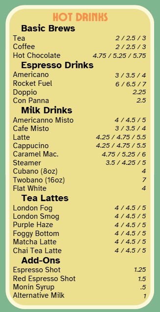 Cupper's Fall Drink Menu Hot Drinks
