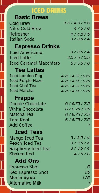 Cupper's Fall Drink Menu Iced Drinks