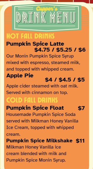 Cupper's Fall Drink Menu Pumpkin Spice and Cider drinks