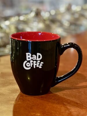 Cupper's Bad Coffee black mug with red interior