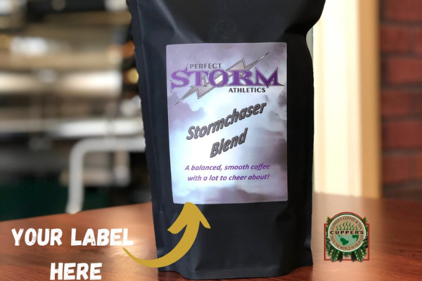 school fundraising a fundraising coffee bag sample with arrow pointing to 'your label here'